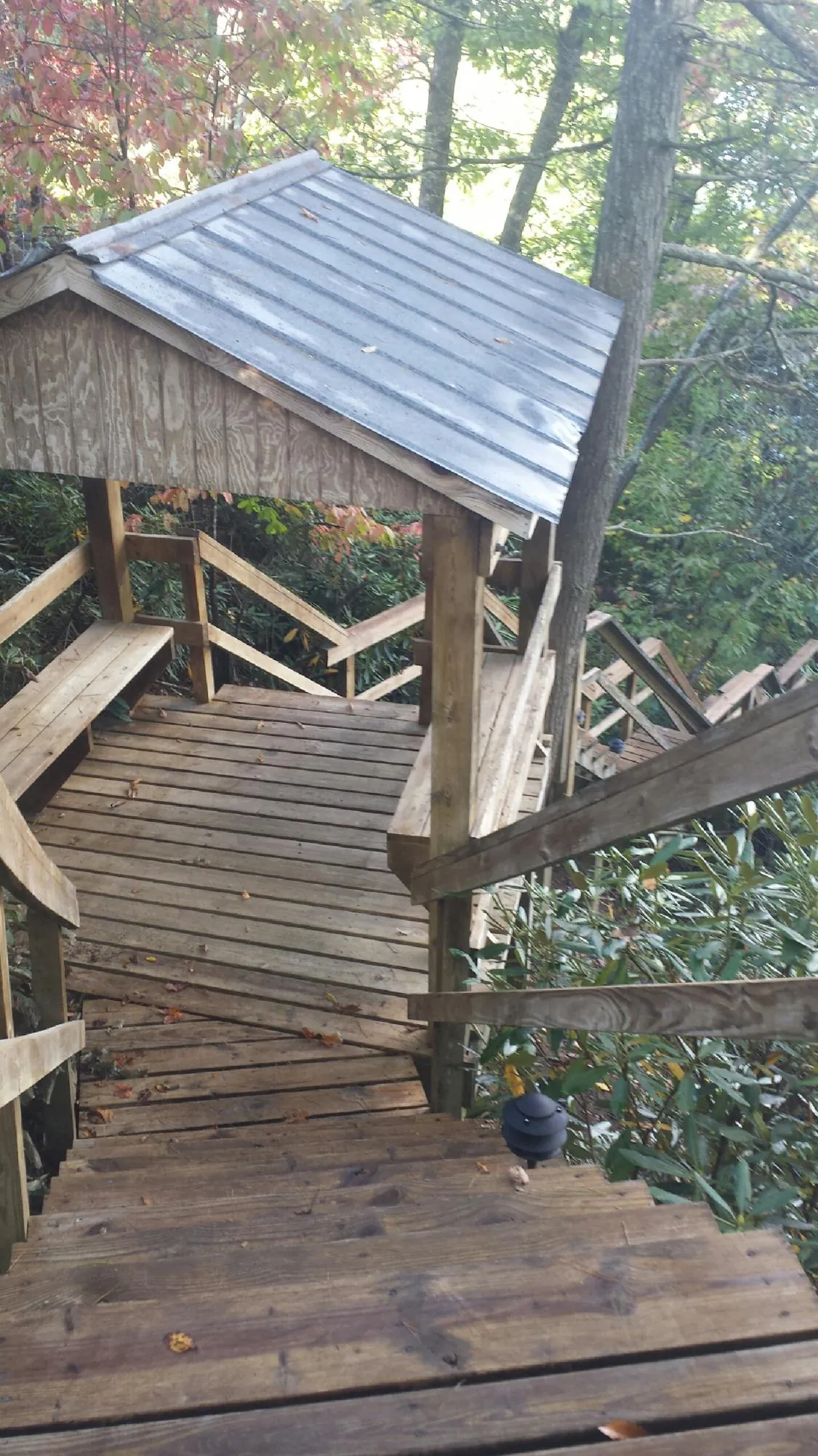 Metal roofed shelter over wooden steps on a wooded walkway — Skylight Repair & Installation work by our crew in Bodega Bay